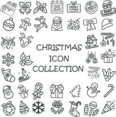 Trendy Christmas icon collection featuring Santa, snowman, gifts, reindeer, tree, and festive decor. Perfect for holiday cards, branding, poster, and winter celebration design project. square version.