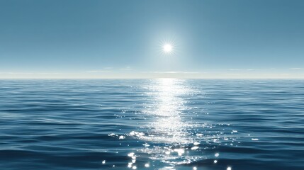 Obraz premium Serene Ocean View Under Bright Blue Sky with Shimmering Water Reflections and Distant Horizon at Sunrise or Sunset for Tranquil Atmosphere