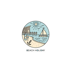 Beach holiday line art illustration, summer vacation travel design, coastal scene with boat and pier