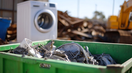 Scrap metal recycling center with a pile of waste inside a green container, a washing machine and a digger in the background. Metal reuse and environmental awareness.