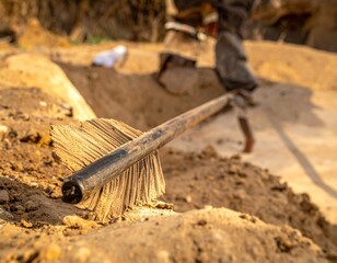 Close-up of a brush resting on the sand with a person in background