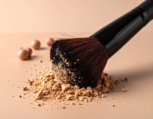 Close-up of a brush dusting face powder with small spherical accents