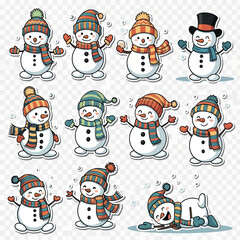 A charming collection of cute cartoon snowman character stickers, isolated for winter holiday and Christmas design projects