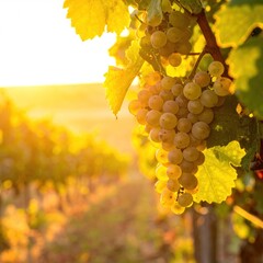 Close-up of a bunch of ripe grapes, backlit by the setting sun