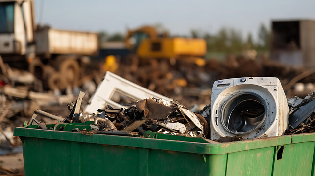A green dumpster brimming with metal scrap and a washing machine under a serene sky. Heavy machinery looms, hinting at recycling efforts. A scene of discarded goods.