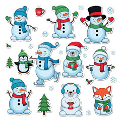 Cute Winter Characters Snowmen, Polar Bear, Penguin, and Fox in Festive Outfits