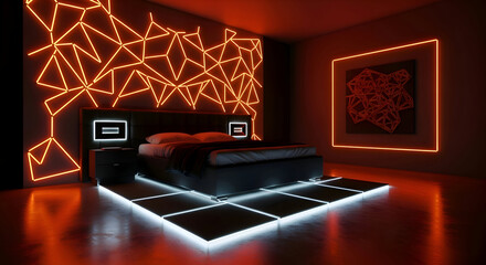 Modern futuristic bedroom, neon orange illuminated wall patterns, stylish upholstered bed, LED-lit flooring, geometric artistic wall design, cinematic ambient lighting