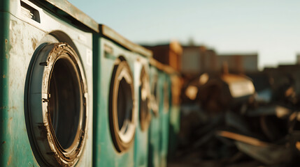 A row of vintage washing machines stands silent, their turquoise paint faded and weathered. Rusted edges hint at time's passage, under the soft light of a setting sun.