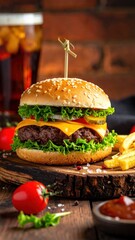 Close-up of a burger, fries, and beverage on a wooden table