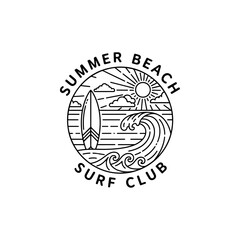 Summer beach surf club logo design, vintage line art illustration featuring surfboard, sun, waves