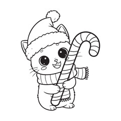 Christmas cat hugging very big candy cane Colouring page