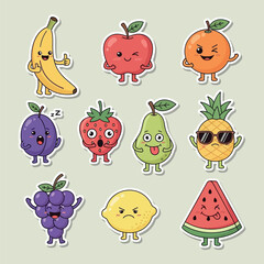 Delightful Collection of Expressive Cartoon Fruit Characters as Vibrant Stickers, Featuring Adorable Mascots with Playful Faces for Children's Designs and Creative Projects