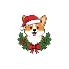 Adorable Corgi wearing a Santa hat, surrounded by a festive holly wreath with red berries, cute dog