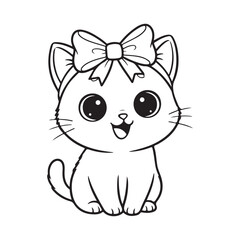 Christmas cat with ribbon on head, sitting cutely  Colouring page