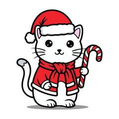 Cute Christmas cat wearing Santa hat holding candy cane Colouring page