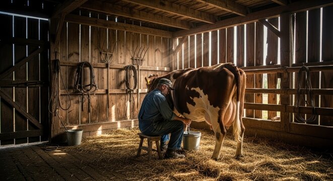 Authentic Farmer Hand Milking Dairy Cow in Sunlit Rustic Barn