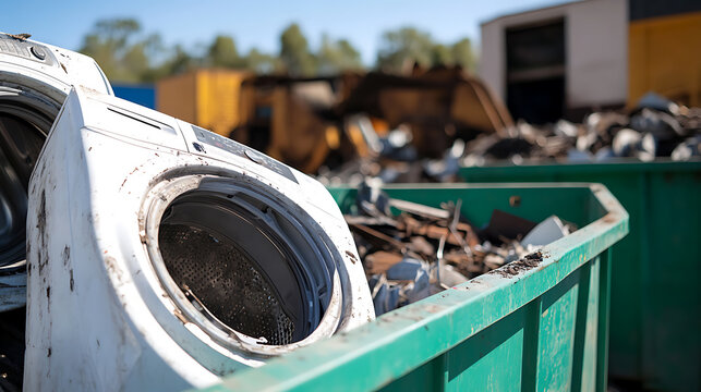 Discarded washing machine in a recycling bin, symbolizing end-of-life electronics and waste management at a scrap yard facility. Environmental concerns are highlighted. - Powered by Adobe