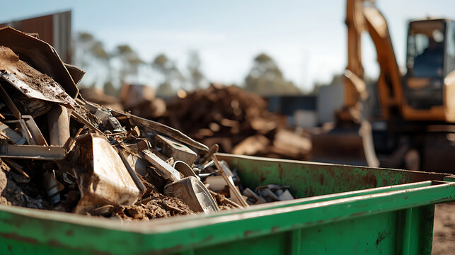 Metal recycling center scene: A container of scrap metal sits in the foreground, with heavy machinery and piles of more metal visible in the background, creating a sense of industrial activity. - Powered by Adobe