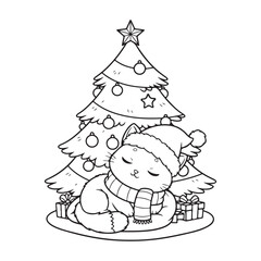 Cute Christmas kitten sleeping under decorated tree Colouring page