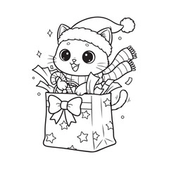 Playful kitten popping out from gift bag Colouring page
