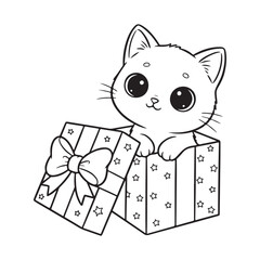 Playful kitten sitting inside Christmas gift box Colouring page