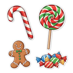 Festive Christmas sweets set candy cane, swirl lollipop, gingerbread man cookie, and colorful wrapped candies for holiday designs