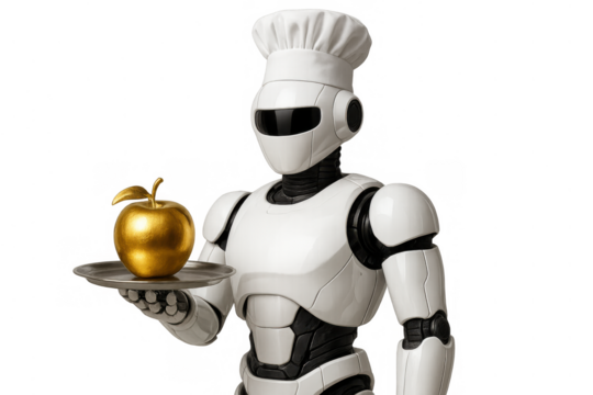 Robot chef serving a golden apple on a tray, representing ai in luxury cuisine and future food service, transparent background