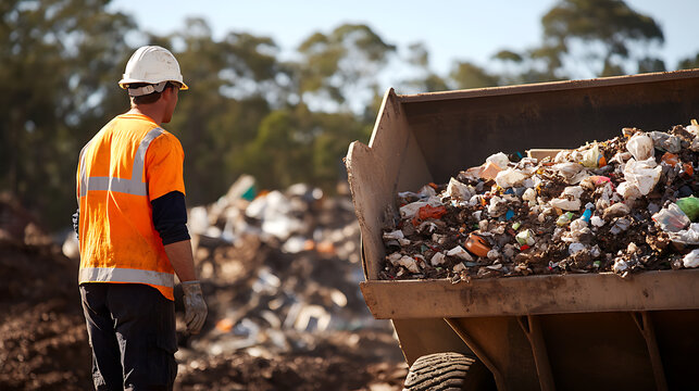 Worker overseeing a full dumpster at a landfill, highlighting waste management. The site shows accumulation of various garbage types. Focus on disposal. - Powered by Adobe
