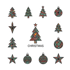 Christmas holiday icon collection with decorative patterned tree, star, and bauble illustrations. Isolated vector design element set