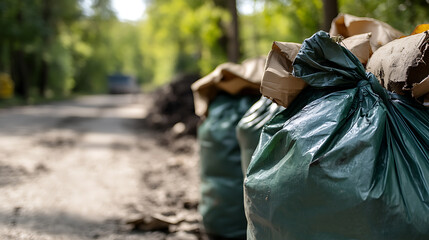 Captured: Bags of gathered yard waste, ready for collection, line a path through a verdant, sun-dappled landscape. Promoting responsible waste management.