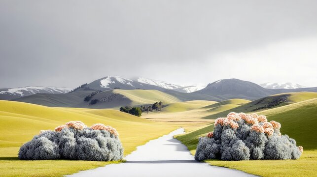A serene natural landscape featuring undulating green hills leading towards distant snow-capped mountains under a cloudy sky, with a paved road and flowering bu