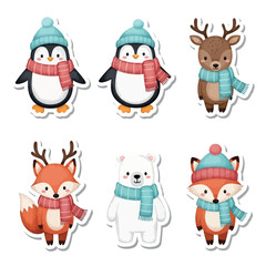 Festive Winter Animal Stickers Penguin, Deer, Fox, and Polar Bear in Cozy Scarves and Hats