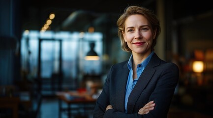Confident businesswoman smiling in evening office light