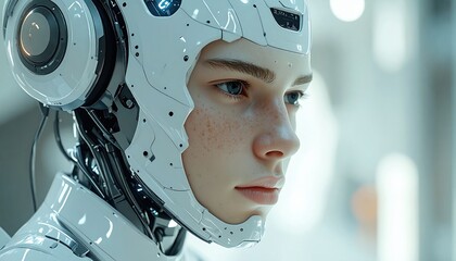 Fototapeta premium Close-up of a cyborg with freckles, looking pensively into the distance