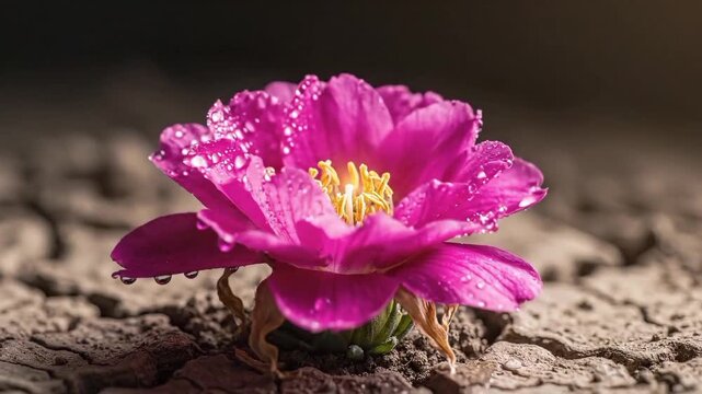 Water drop brings dried pink flower back to life in cracked drought land a symbol of hope and conservation