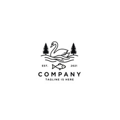 Minimalist black line art illustration of a graceful swan, pine trees, and a fish in water