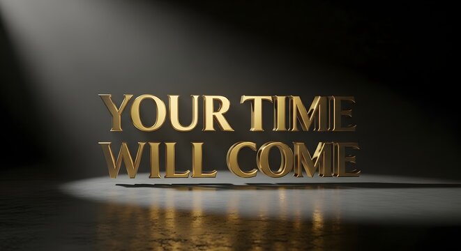 A motivational phrase displayed in large, bold, golden letters on a dark background with a spotlight shining on the text, inspiring viewers to be patient and optimistic about the future