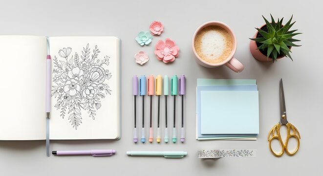 A neatly arranged workspace with coloring supplies, a notebook, a cup of coffee, a potted plant, and stationery items on a white surface for creative and productive activities