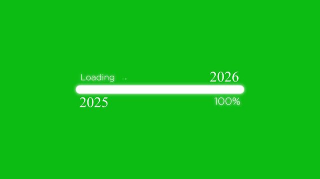 Futuristic loading bar transitioning from 2025 to 2026 with percentage indicator on vibrant green