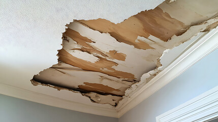 Ceiling damage in a domestic residence, revealing layers of deteriorated material and potential structural issues. Urgent repair is needed to prevent further degradation and ensure safety.