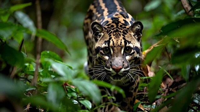 Elusive Clouded Leopard Stalking Through Dense Jungle Foliage.