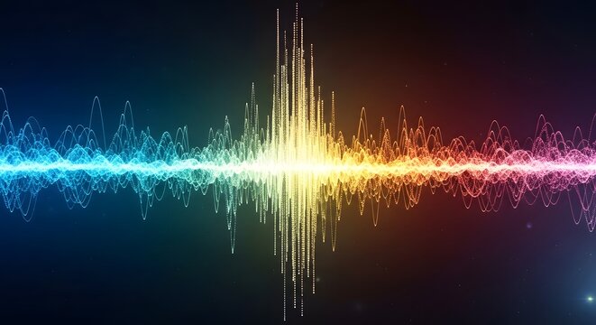 A vibrant digital visualization of sound waves with colorful peaks and valleys representing audio frequencies and energy in a dynamic abstract style