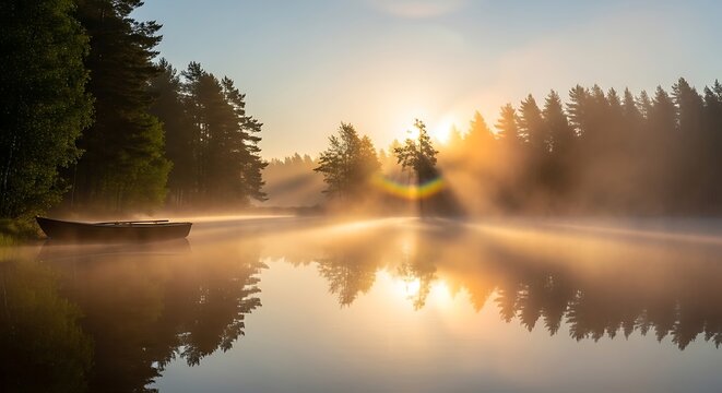 Serene Lake Sunrise - A Misty Morning Reflection in Nature.