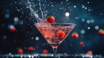 Strawberry cocktail splash, dark background, drink preparation, food photography