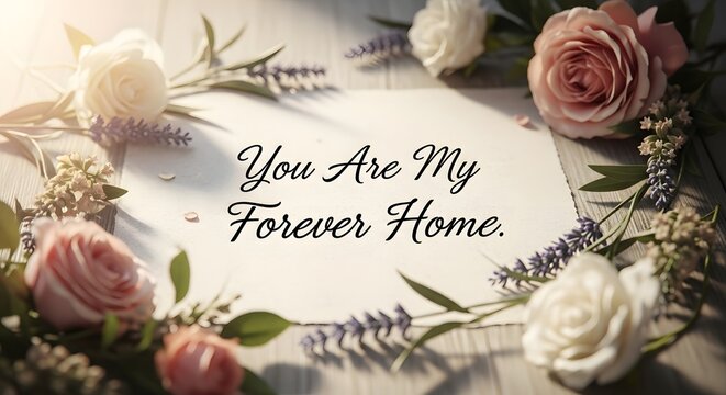 A romantic floral arrangement surrounds a heartfelt handwritten message that reads 'You Are My Forever Home' on a textured paper background, creating a warm and loving atmosphere