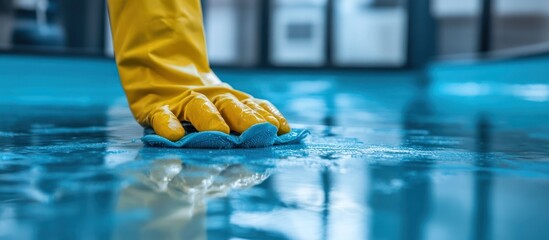 Person cleaning a wet floor with blue cloth