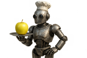 Robot chef offering healthy golden apple on a plate, representing future food service automation and diet