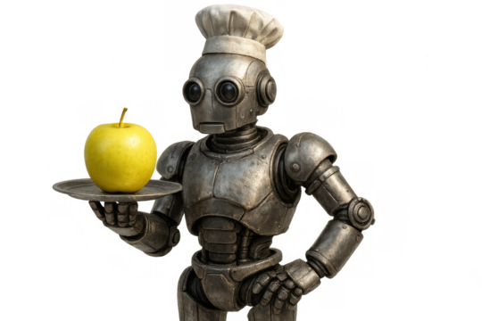 Robot chef offering healthy golden apple on a plate, representing future food service automation and diet
