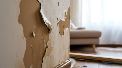 Peeling wall paint is visible inside a room with a tan couch in the background. Moisture and age degrade interiors, revealing damage and prompting restoration in residences.
