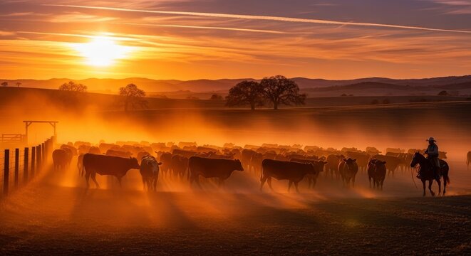 Golden Hour Cattle Drive with Cowboy on Horseback at Sunset